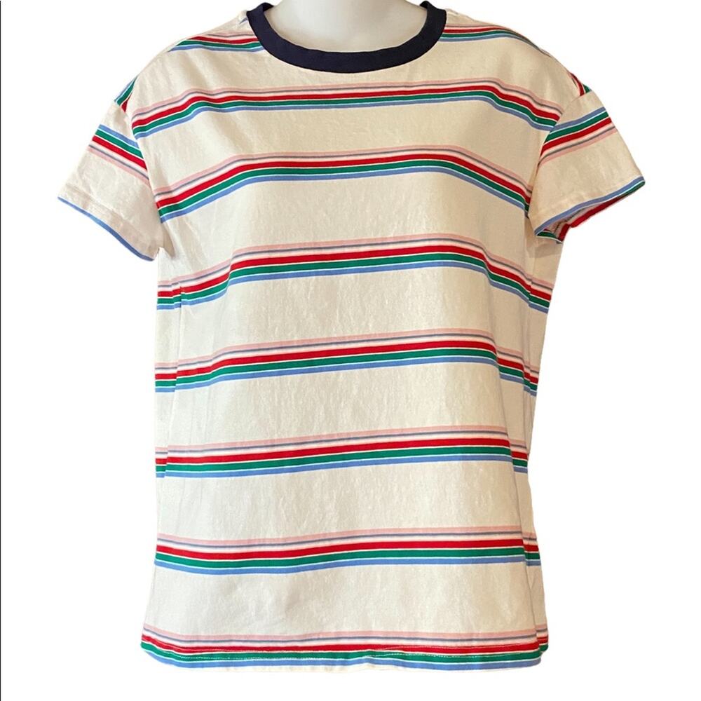 Listicle Women's Size Small Short Sleeve Top White with colorful stripes.